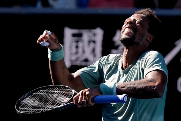 Gael Monfils of France celebrates after defeating Taylor Fritz of the U.S. in their third round match at the Australian Open tennis championship in Melbourne, Australia, Saturday, Jan. 18, 2025. (AP Photo/Manish Swarup)