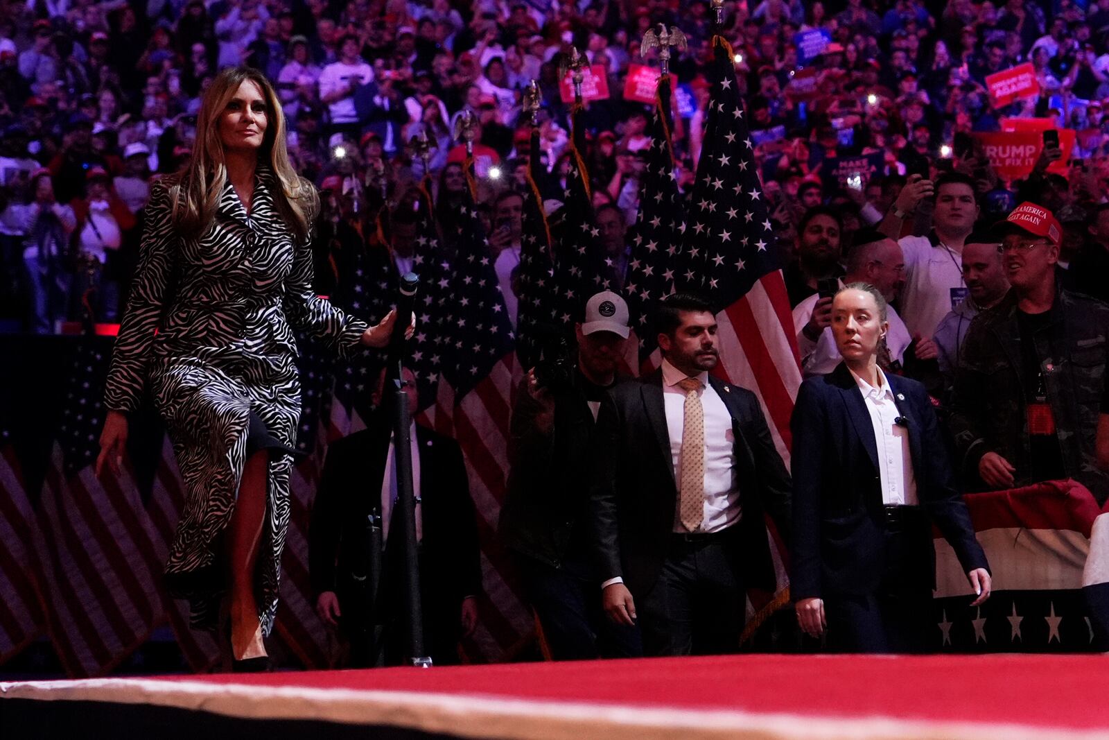 Former first lady Melania Trump arrives to speak at a campaign rally for Republican presidential nominee former President Donald Trump at Madison Square Garden, Sunday, Oct. 27, 2024, in New York. (AP Photo/Julia Demaree Nikhinson)