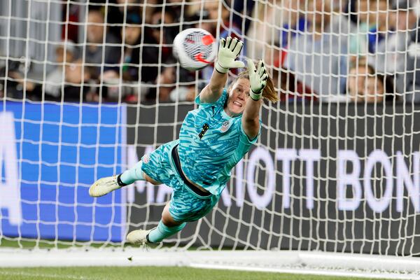 FILE - United States' Alyssa Naeher makes a save against Canada during the shoot out in a SheBelieves Cup women's soccer match Tuesday, April 9, 2024, in Columbus, Ohio. (AP Photo/Jay LaPrete, File)