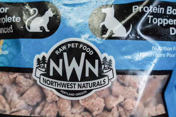 A bag of Northwest Naturals 2-pound Feline Turkey Recipe raw frozen pet food that was part of a voluntary recall is displayed for a photograph on Thursday, Dec. 26, 2024, in Tigard, Ore. (AP Photo/Jenny Kane)