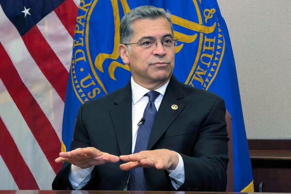 Secretary of the Department of Health and Human Services Xavier Becerra, speaks to The Associated Press, Wednesday, Jan. 8, 2024 in Washington. (AP Photo/Nathan Ellgren)