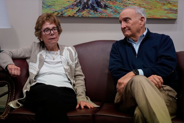 David and Sally McBride, parents of U.S.-Rep.-elect Sarah McBride, D-Del., talk during a television interview with the Associated Press at the Delaware Legislative Hall in Dover, Del., Monday, Dec. 16, 2024. (AP Photo/Carolyn Kaster)