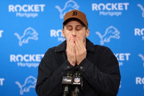 Detroit Lions quarterback Jared Goff talks to the media after an NFL football divisional playoff game against the Washington Commanders, Sunday, Jan. 19, 2025, in Detroit. (AP Photo/Mike Mulholland)