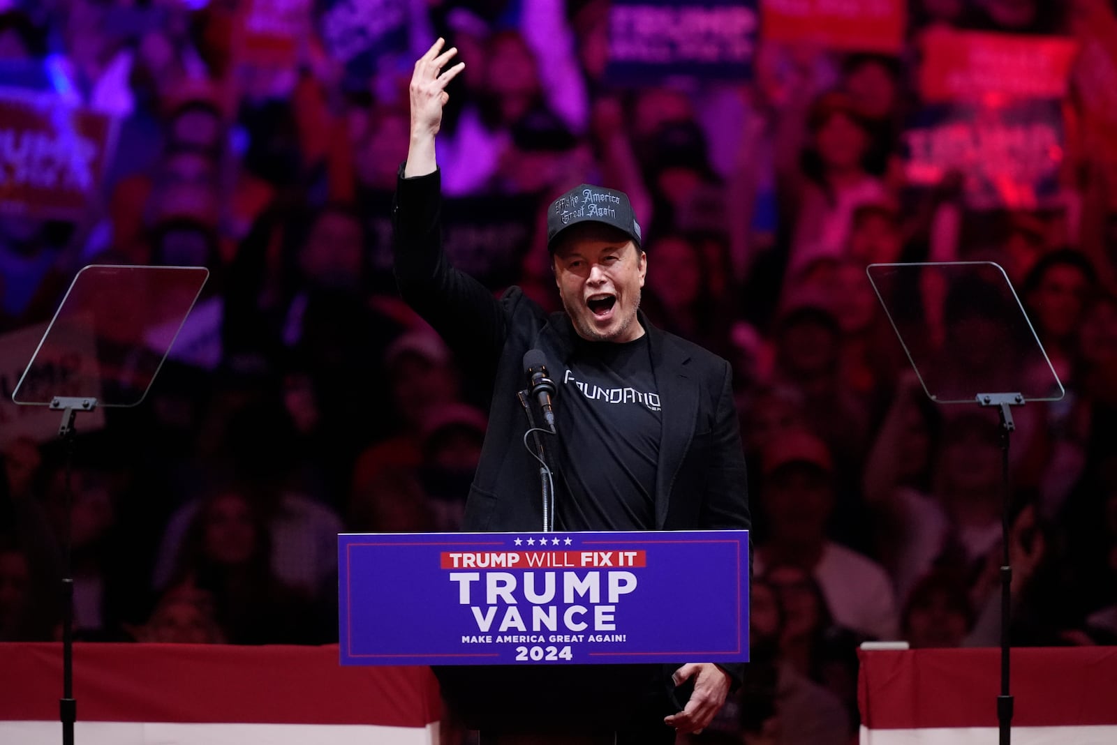 Elon Musk speaks before Republican presidential nominee former President Donald Trump at a campaign rally at Madison Square Garden, Sunday, Oct. 27, 2024, in New York. (AP Photo/Evan Vucci)