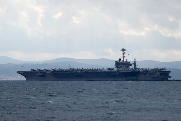 FILE - Aircraft carrier USS Harry S. Truman is moored near Split, Croatia, Feb. 14, 2022. (AP Photo/Darko Bandic, File)