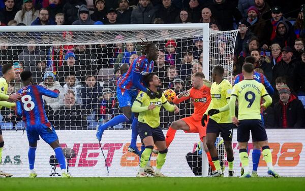 Crystal Palace's Trevoh Chalobah scores his side's first goal during the English Premier League soccer match between Crystal Palace and Southampton at Selhurst Park, London, Sunday, Dec. 29, 2024. (Adam Davy/PA via AP)