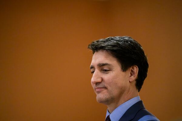 Canada's Prime Minister Justin Trudeau looks on at the start of a cabinet swearing in ceremony for Dominic LeBlanc, not shown, who will be sworn in as Finance Minister, at Rideau Hall in Ottawa, Ontario, Monday, Dec. 16, 2024. (Justin Tang/The Canadian Press via AP)