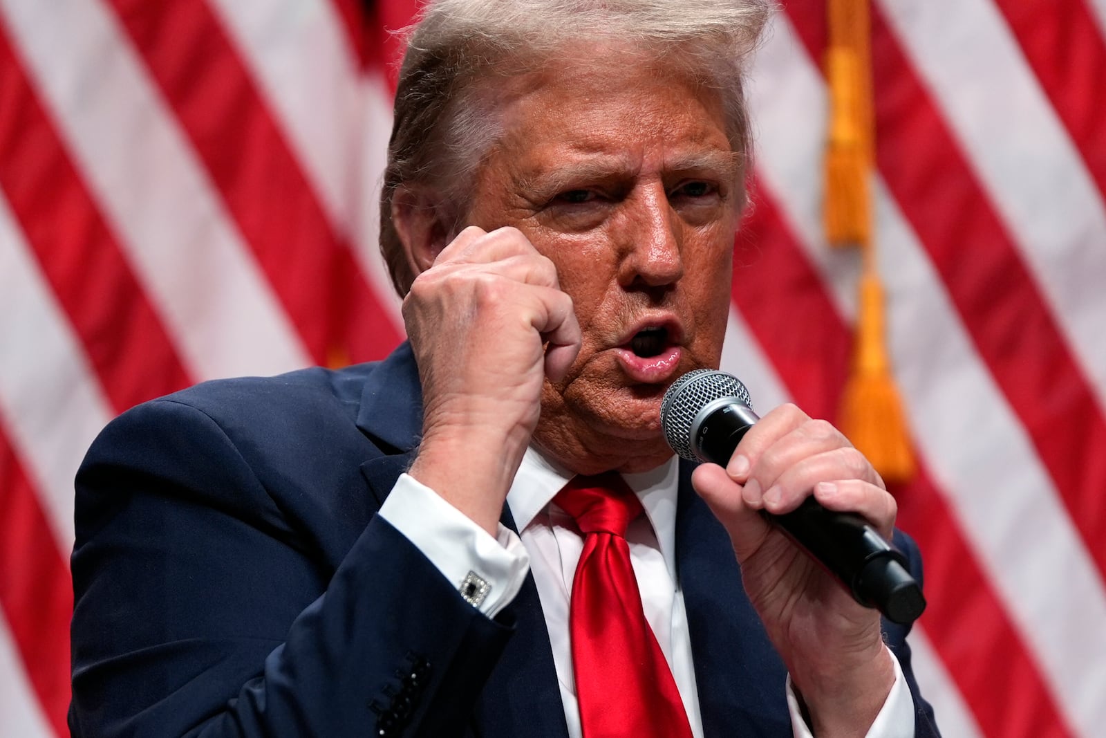 Republican presidential nominee former President Donald Trump speaks with Tucker Carlson during a Tucker Carlson Live Tour show at Desert Diamond Arena, Thursday, Oct. 31, 2024, in Glendale, Ariz. (AP Photo/Julia Demaree Nikhinson)