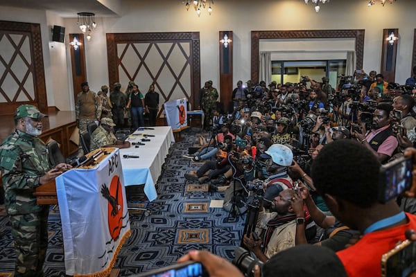 Rebel leader Corneille Nangaa addresses a news conference in Goma, Democratic republic of the Congo, Thursday, Jan. 30, 2025. (AP Photo/Moses Sawasawa)