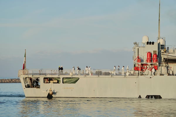 An Italian navy ship approaches the port, as Italy sends 49 more migrants to Albania for processing following earlier court rejections, in Shengjin, northwestern Albania, Tuesday, Jan. 28, 2025. (AP Photo/Vlasov Sulaj)