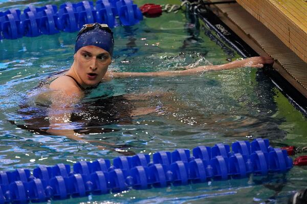 FILE - Pennsylvania's Lia Thomas, a transgender woman, waits for results after swimming the women's 200 freestyle final at the NCAA swimming and diving championships Friday, March 18, 2022, at Georgia Tech in Atlanta. (AP Photo/John Bazemore, File)