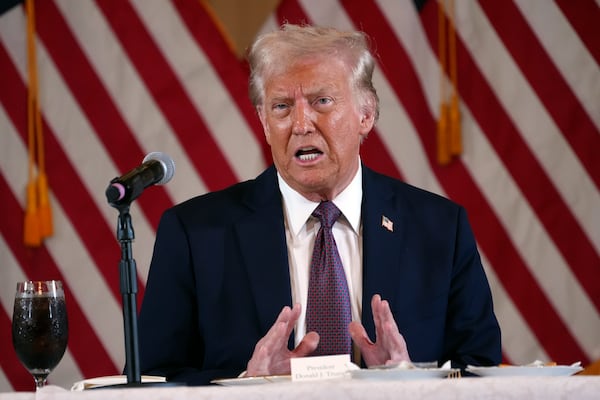 FILE - President-elect Donald Trump speaks during a meeting with Republican governors at Mar-a-Lago on Jan. 9, 2025, in Palm Beach, Fla. (AP Photo/Evan Vucci, File)