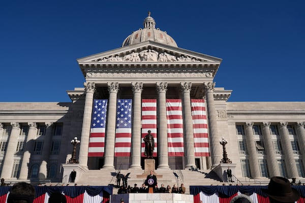 Gov. Mike Kehoe delivers his inaugural address after being sworn in as Missouri's 58th governor Monday, Jan. 13, 2025, in Jefferson City, Mo. (AP Photo/Jeff Roberson)