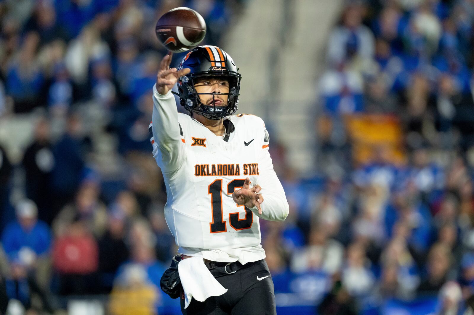 Oklahoma State quarterback Garret Rangel passes the ball in the first half of an NCAA college football game against BYU, Friday, Oct. 18, 2024, in Provo, Utah. (AP Photo/Spenser Heaps)