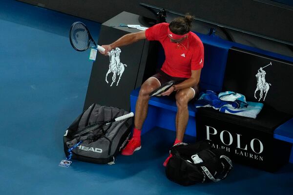 Alexander Zverev of Germany reacts during the men's singles final against Jannik Sinner of Italy in the men's singles final at the Australian Open tennis championship in Melbourne, Australia, Sunday, Jan. 26, 2025. (AP Photo/Manish Swarup)