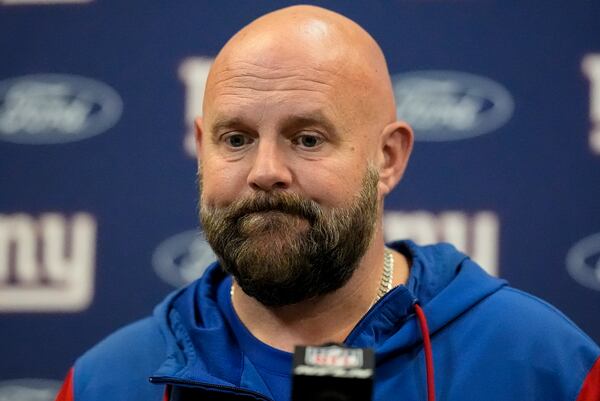 New York Giants head coach Brian Daboll speaks during a news condference after an NFL football game against the Atlanta Falcons, Sunday, Dec. 22, 2024, in Atlanta. (AP Photo/Mike Stewart)