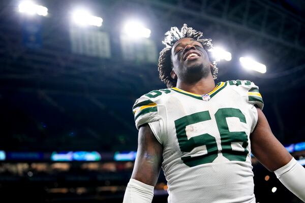 Green Bay Packers' Edgerrin Cooper celebrates after an NFL football game against the Seattle Seahawks Sunday, Dec. 15, 2024, in Seattle. (AP Photo/Lindsey Wasson)