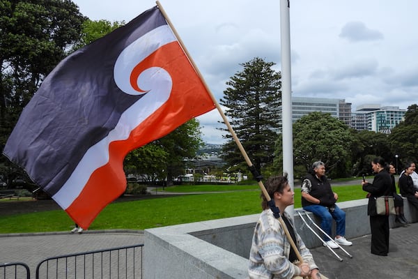 FILE - A protester against the Treaty Principles Bill sits outside Parliament in Wellington, New Zealand, Thursday, Nov. 14, 2024. (AP Photo/Charlotte Graham-McLay, File)