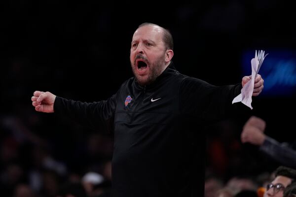 New York Knicks head coach Tom Thibodeau calls out to his team during the first half of an Emirates Cup NBA basketball game against the Atlanta Hawks Wednesday, Dec. 11, 2024, in New York. (AP Photo/Frank Franklin II)