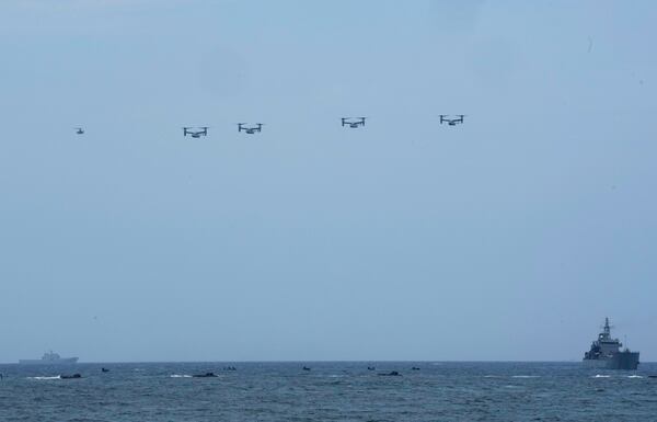 FILE - U.S. Osprey transport aircraft participate in the combined military amphibious landing exercise between South Korea and the U.S., called Ssangyong exercise, in Pohang, South Korea, Sept. 2, 2024. (AP Photo/Ahn Young-joon)