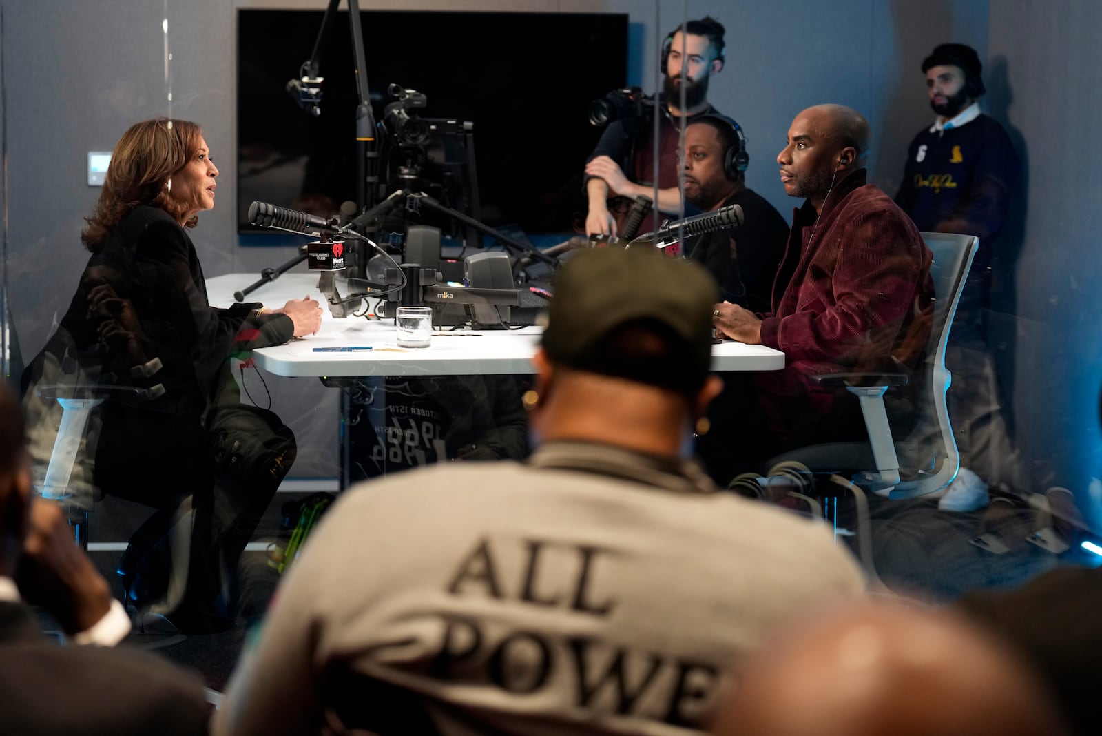 Democratic presidential nominee Vice President Kamala Harris, participates in an interview with Charlamagne Tha God, co-host of iHeartMedia's morning show The Breakfast Club, in Detroit, Tuesday, Oct. 15, 2024. (AP Photo/Jacquelyn Martin)