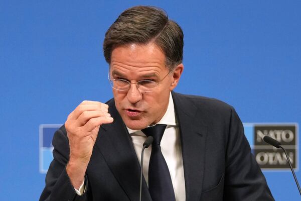 NATO Secretary General Mark Rutte speaks during a media conference prior to a meeting of NATO foreign ministers at NATO headquarters in Brussels,Tuesday, Dec. 3, 2024. (AP Photo/Virginia Mayo)