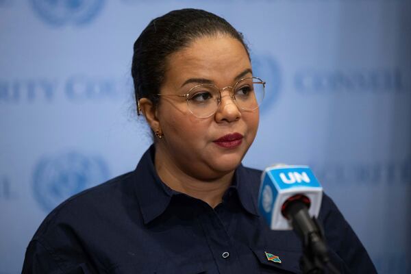 Democratic Republic of the Congo's State Minister, Minister of Foreign Affairs, International Cooperation and Francophonie Thérèse Kayikwamba Wagner speaks during a press conference at the United Nations headquarters, Sunday, Jan. 26, 2025. (AP Photo/Yuki Iwamura)