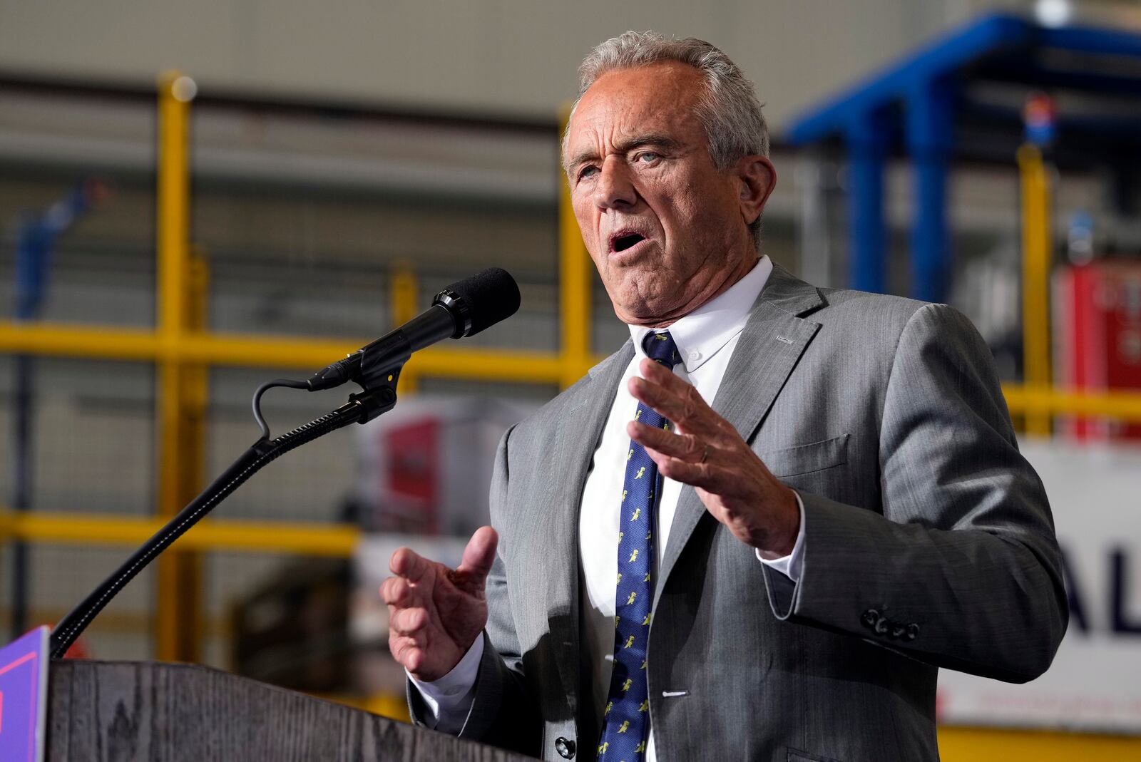 FILE - Robert F. Kennedy, Jr., speaks before Republican presidential nominee former President Donald Trump at a campaign event, Sept. 27, 2024 in Walker, Mich. (AP Photo/Carlos Osorio)