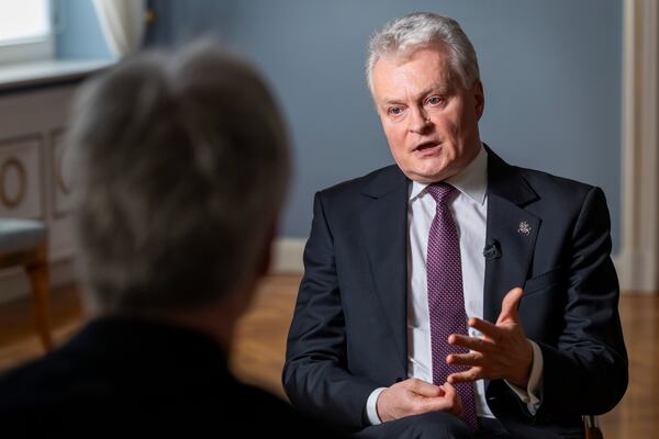 Lithuanian President Gitanas Nauseda speaks during an interview with The Associated Press at the President's palace in Vilnius, Lithuania, Thursday, Jan. 30, 2025. (AP Photo/Mindaugas Kulbis)