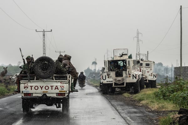 Congolese government troops deploy outside Goma, Democratic Republic of the Congo, Friday, Jan. 24, 2025, as M23 rebels are reported to close in on the town. (AP Photo/Moses Sawasawa)