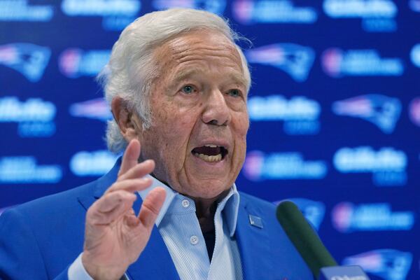 New England Patriots owner Robert Kraft answers a question during a media availability, Monday, Jan. 6, 2025, in Foxborough, Mass. (AP Photo/Charles Krupa)