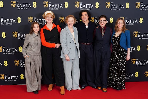 From left, Mia McKenna-Bruce, Sara Putt, Anna Higgs, Will Sharpe, Jane Millichip, and Emma Baehr attend the BAFTA Film Awards 2025 nominations announcement, at BAFTA, in central London, Wednesday, Jan. 15, 2025. (Ian West/PA via AP)