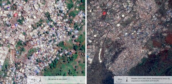 This undated satellite photo provided on Wednesday Dec. 18, 2024 by the Institut Geographique National (IGN), left, and the Centre National d'Etudes Spatiales (CNES) shows Bandrajou, before and after of the cyclone Chido in the Indian Ocean French territory of Mayotte. (IGN/CNES distributed by Airbus DS via AP)