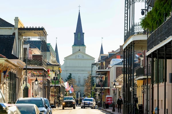 The St. Louis Cathedral is seen on Orleans St is seen in the French Quarter where a suspicious package was detonated after a person drove a truck into a crowd earlier on Bourbon Street on Wednesday, Jan. 1, 2025. (AP Photo/Matthew Hinton)