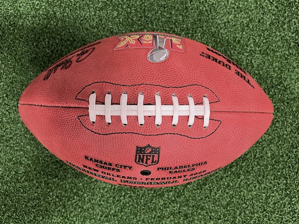 One of the official balls for the NFL Super Bowl football game is seen at the Wilson Sporting Goods football factory, Monday, January 27, 2025, in Ada, Ohio. (AP Photo/Patrick Aftoora-Orsagos)