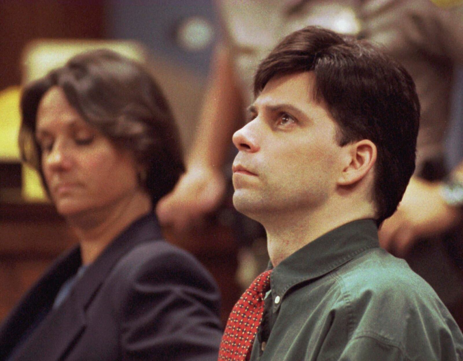 FILE - Lyle Menendez looks up during testimony in his and brother Erik's retrial for the shotgun slayings of their parents, Oct. 20, 1995 in Los Angeles. (Steve Grayson/Pool Photo via AP, File)