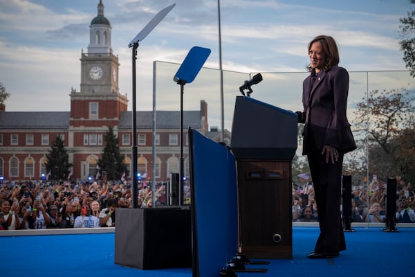 Democratic presidential nominee Vice President Kamala Harris delivers a concession speech for the 2024 Presidential election, Wednesday, Nov. 6, 2024, on the campus of Howard University in Washington. (AP Photo/Jacquelyn Martin)