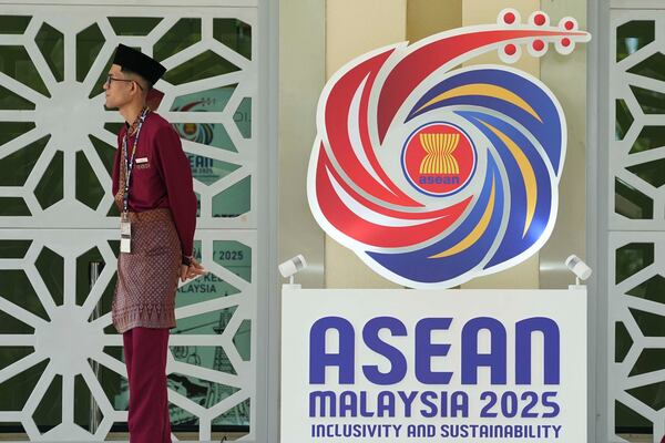 The logo of the Association of Southeast Asian Nations (ASEAN) displayed at a hotel where the ASEAN Foreign Ministers' Retreat (AMM) is taking place in Langkawi, Malaysia, on Saturday, January 18, 2025. (AP Photo/Azneal Ishak)