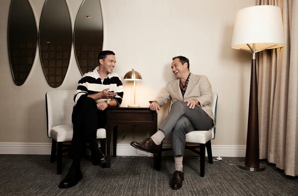 Nicholas Hoult, left, and Jude Law pose for a portrait to promote the film "The Order" on Wednesday, Oct. 16, 2024, in Los Angeles. (Photo by Rebecca Cabage/Invision/AP)