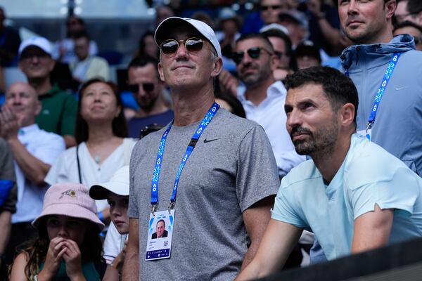 Darren Cahill, coach of Jannik Sinner of Italy reacts after his first round win over Nicolas Jarry of Chile at the Australian Open tennis championship in Melbourne, Australia, Monday, Jan. 13, 2025. (AP Photo/Asanka Brendon Ratnayake)