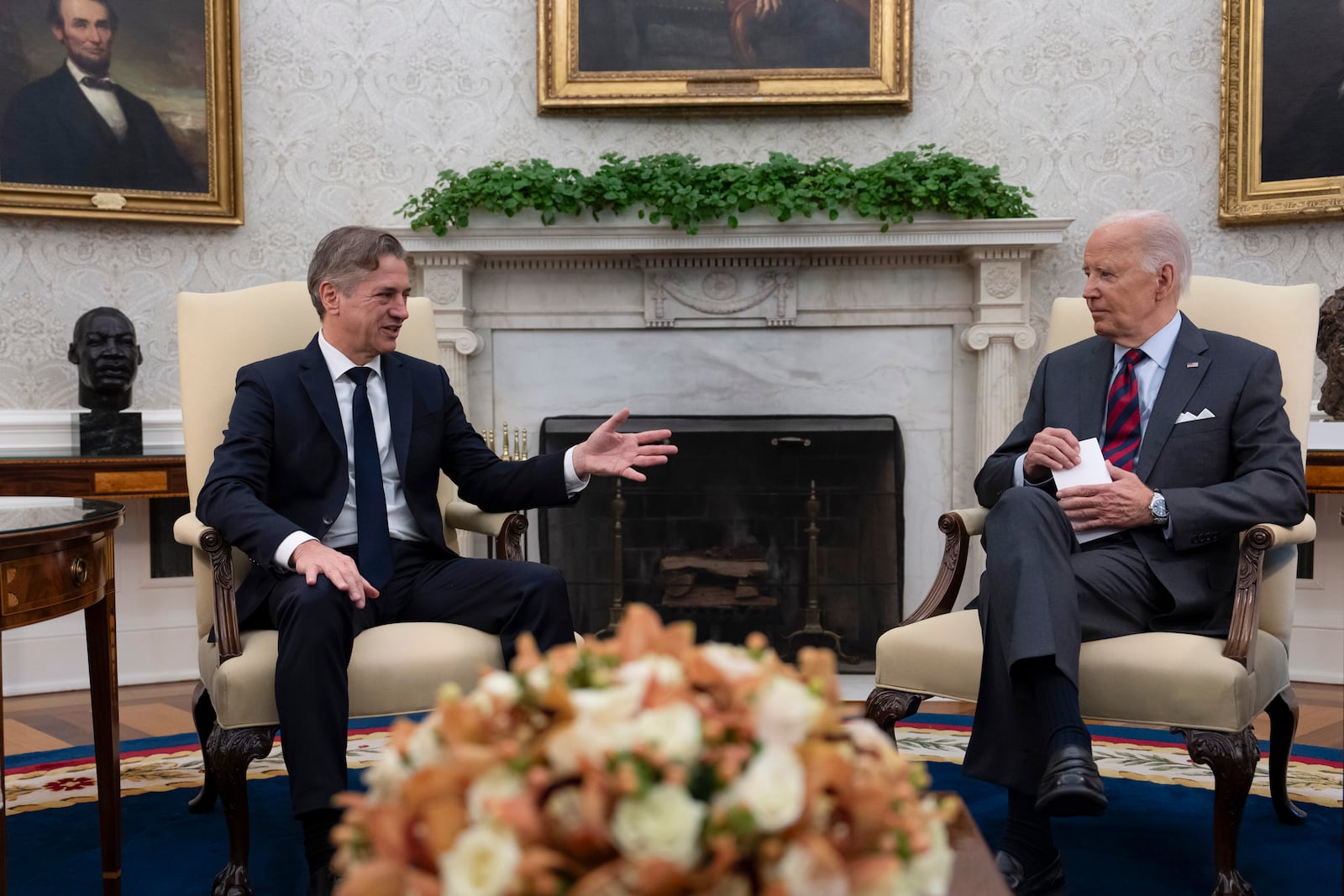 President Joe Biden meets with Slovenia's Prime Minister Robert Golob, left, in the Oval Office of the White House in Washington, Tuesday, Oct. 22, 2024. (AP Photo/Ben Curtis)