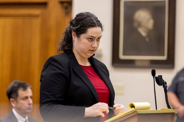 Defense attorney Kaitlyn Beck speaks during Jose Ibarra's trial at the Athens-Clarke County Superior Court, Tuesday, Nov. 19, 2024, in Athens, Ga. (Arvin Temkar/Atlanta Journal-Constitution via AP, Pool)