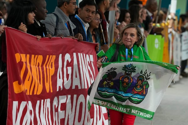 Activists participate in a demonstration at the COP29 U.N. Climate Summit, Saturday, Nov. 16, 2024, in Baku, Azerbaijan. (AP Photo/Peter Dejong)