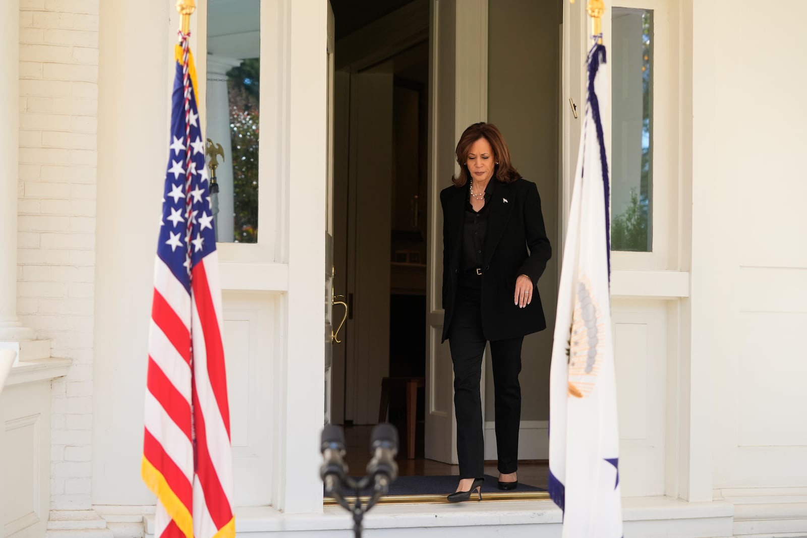 Democratic presidential nominee Vice President Kamala Harris arrives to speak at the vice president's residence in Washington, Wednesday, Oct. 23, 2024. (AP Photo/Mark Schiefelbein)