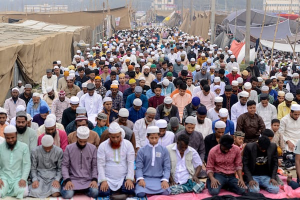 Muslim devotees pray during the first phase of the three-day Biswa Ijtema, or the World Congregation of Muslims, at the banks of the Turag river in Tongi, near Dhaka, Bangladesh, Friday, Jan. 31, 2025. (AP Photo/Mahmud Hossain Opu)