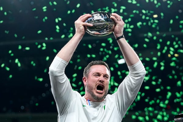 Oregon head coach Dan Lanning celebrates after the Big Ten championship NCAA college football game against Penn State, Saturday, Dec. 7, 2024, in Indianapolis. (AP Photo/Darron Cummings)