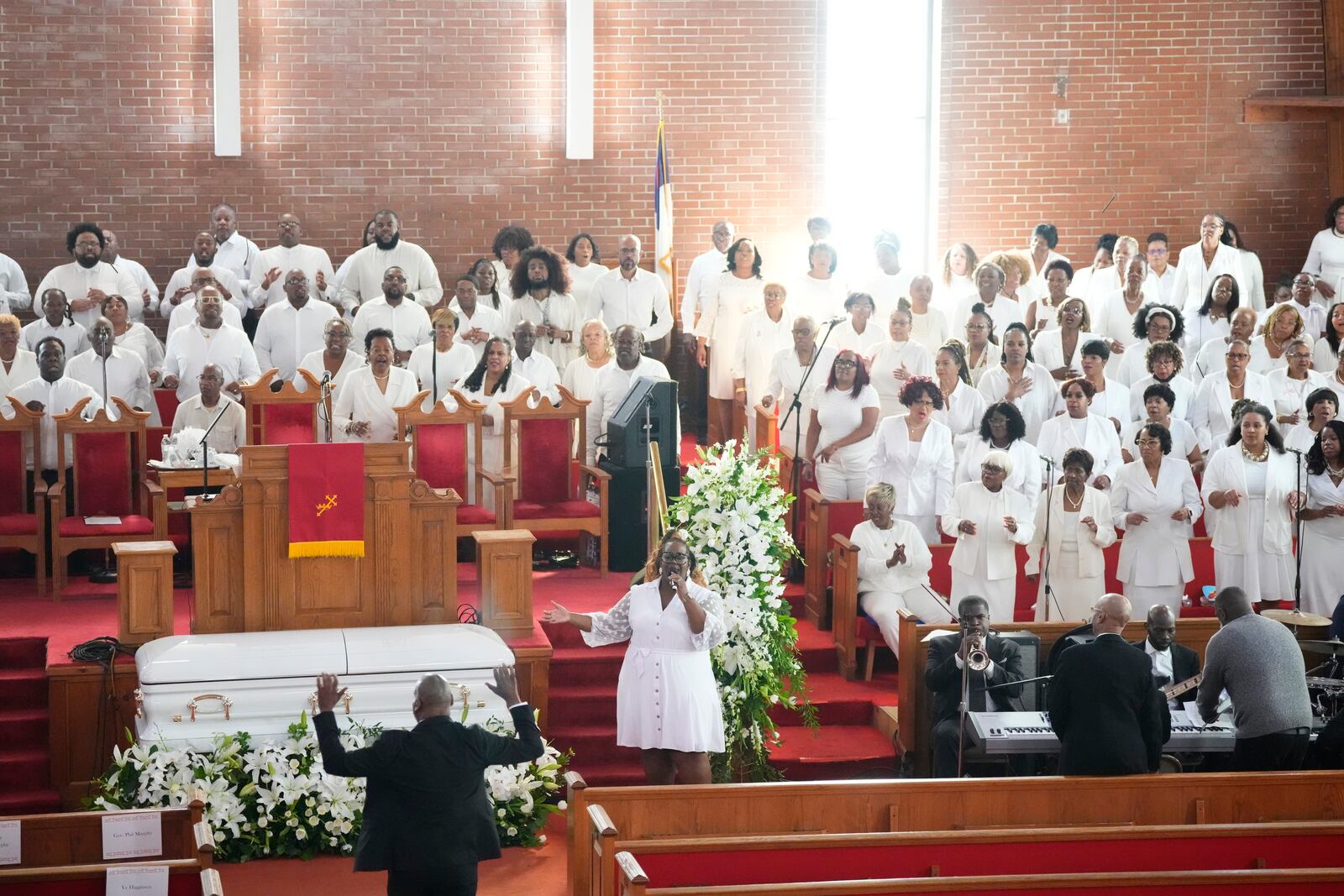 A choir performs during a ceremony celebrating the life of Cissy Houston on Thursday, Oct. 17, 2024, at the New Hope Baptist Church in Newark, N.J. (Photo by Charles Sykes/Invision/AP)