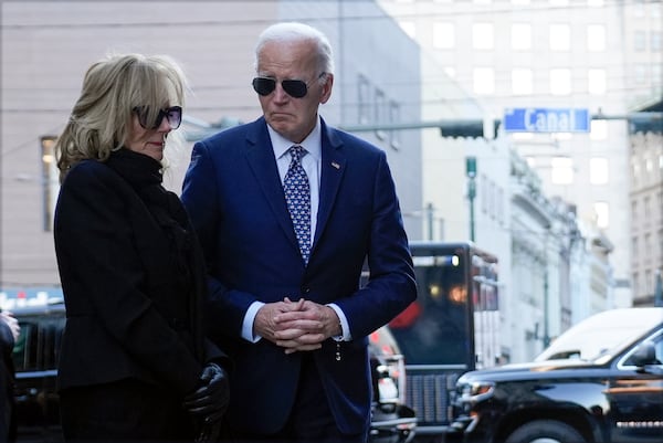 President Joe Biden and first lady Jill Biden stop at the site of the deadly New Years truck attack, in New Orleans, Monday, Jan. 6, 2025. (AP Photo/Stephanie Scarbrough)