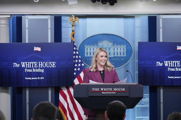 White House press secretary Karoline Leavitt arrives to speak with reporters in the James Brady Press Briefing Room at the White House, Tuesday, Jan. 28, 2025, in Washington. (AP Photo/Alex Brandon)