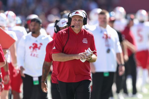 FILE - Jacksonville State head coach Rich Rodriguez smiles after his team ties the game 14-14 during the first half of an NCAA college football game against South Carolina on Saturday, Nov. 4, 2023, in Columbia, S.C. (AP Photo/Artie Walker Jr., File)